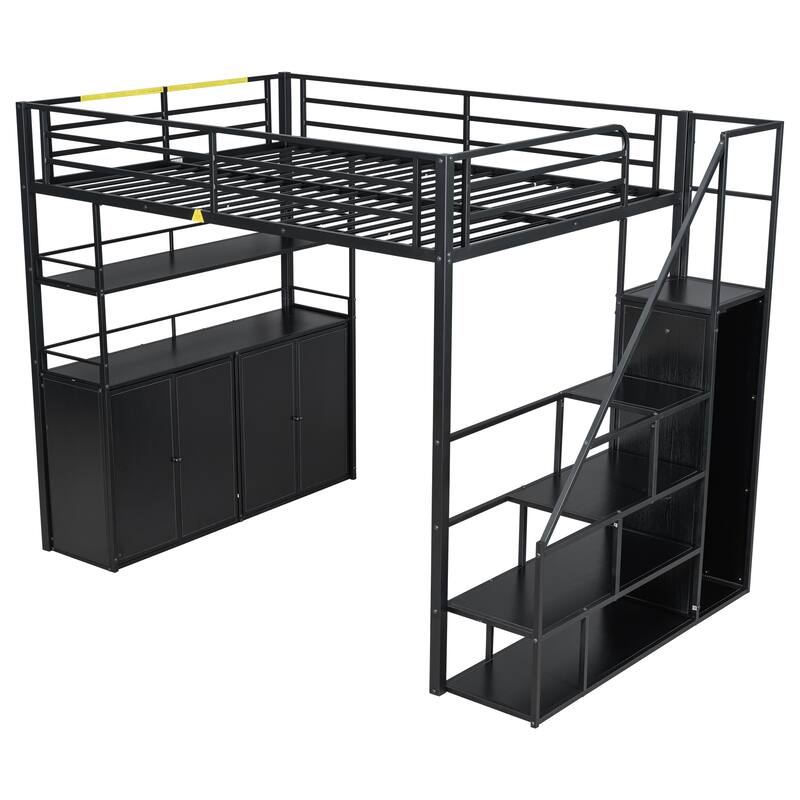 Full Size Metal Loft Bed with Storage Staircase, Wardrobe, Shelves and Lockers