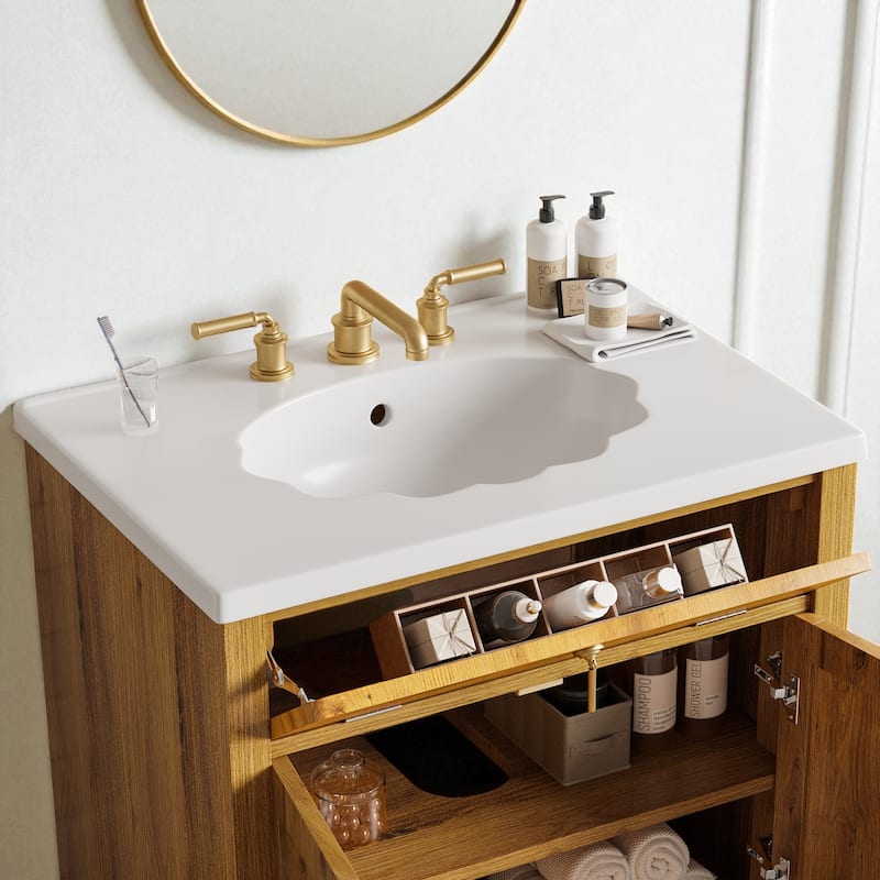 30" Bathroom Vanity with Seashell Resin Sink Flip-Up Storage Soft Close Doors and Solid Wood Legs