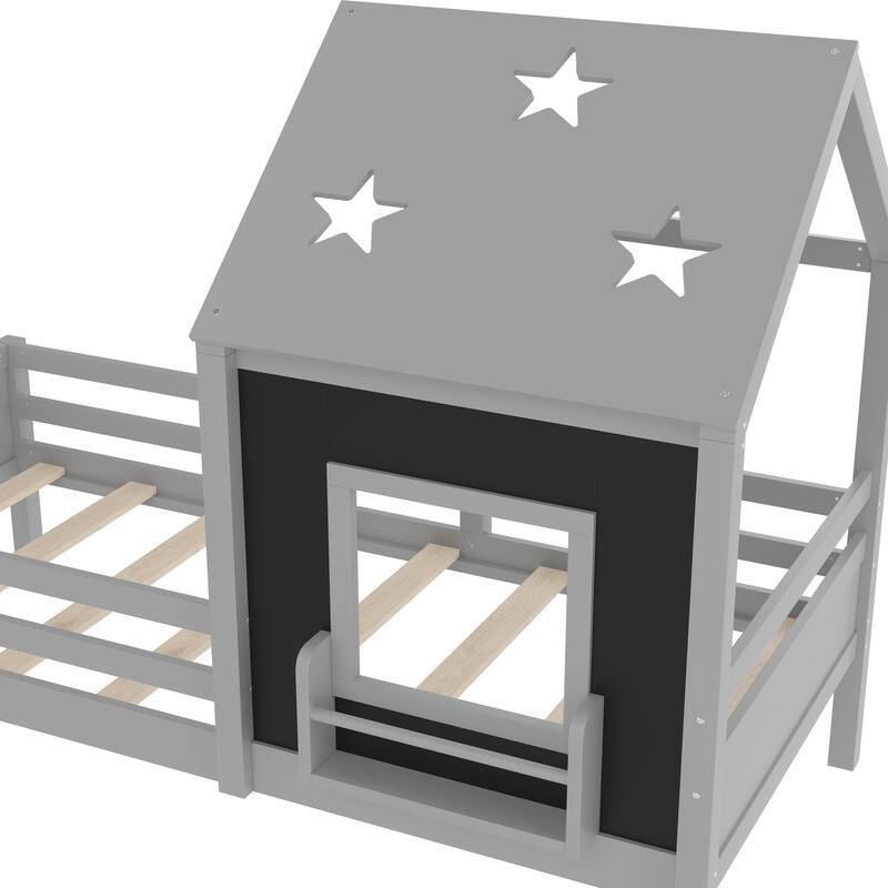 Low Profile Stairs Platform Bed Wood House Bed with Cute Star-shape Roof, Window, Bookcase and Blackboard for Boys and Girls