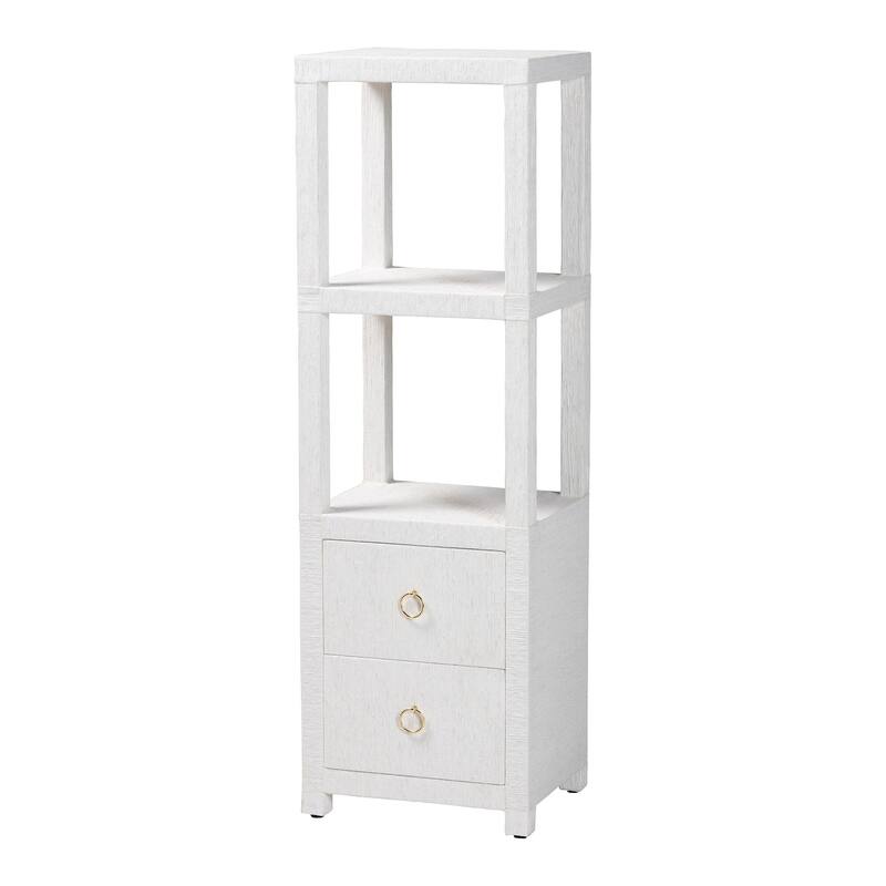 Xavier Grasscloth Tall Storage Cabinet - Woven Accent Tower Bookcase with Open Shelves and Drawers, Space-Saving Organizer - White, Gold