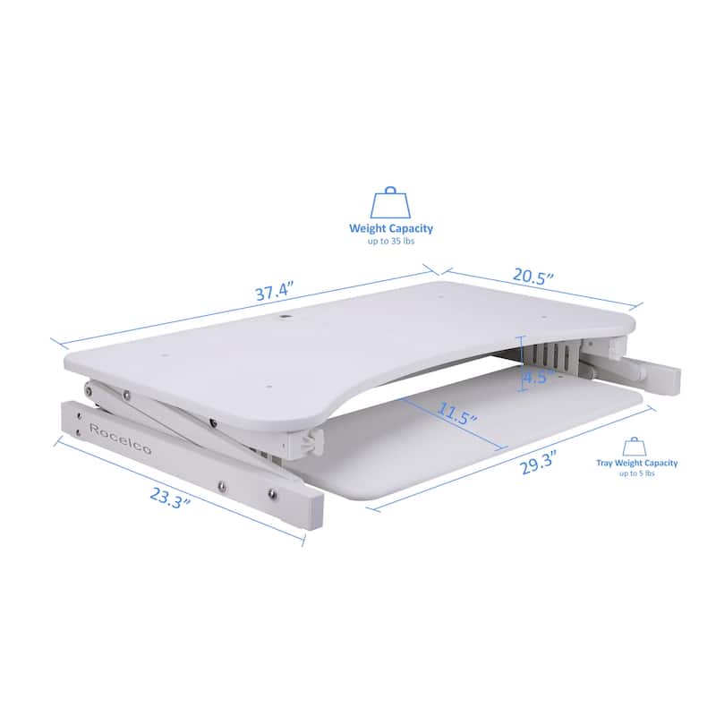 Rocelco 37.5 in. W White Deluxe Height Adjustable Standing Desk Converter with Anti Fatigue Mat and Deep Keyboard Tray