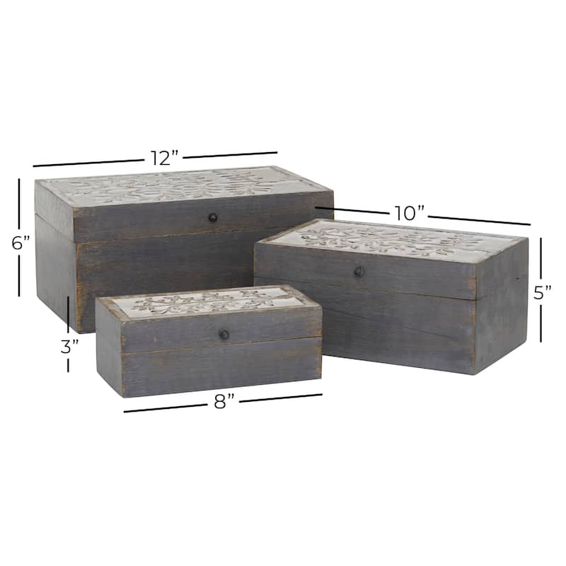Gray Wood Floral Decorative Box with Hinged Lid (Set of 3)