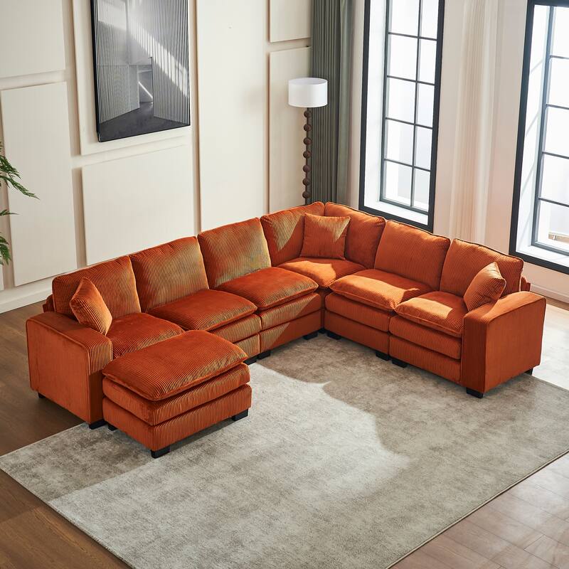 Modular Sectional Sofa for Living Room, U Shaped Sofa Couch with Ottoman and Three Toss Pillows, Corduroy Fabric Sofa Set