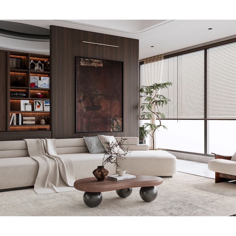 40 Inch Cloud Shaped Coffee Table with 3 Ball Legs for Living Room, Walnut Top Black Legs