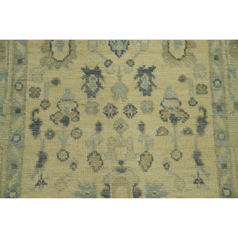 Earth Tone Wool Oushak Vegetable Dye Runner Rug, Floral Geometric Carpet - 9' 8'' X 2' 11''