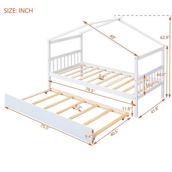 Twin Size Wooden House-Shaped Bed with Pull-Out Trundle, Sturdy Pine Wood Construction, Creative Sky Roof Design