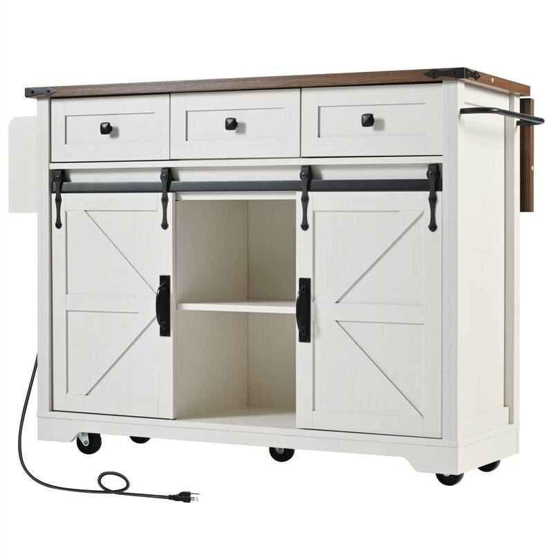 Farmhouse Kitchen Island with Power Outlet and 2 Sliding Barn Door, Rolling Kitchen Cart on Wheels with Drop Leaf and Spice Rack