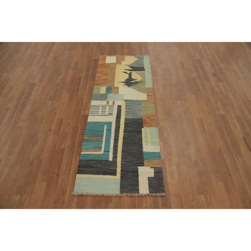 Hand Woven Oriental 100% Wool Carpet Southwestern Modern Multi-Colored Kilim Runner Rug - 6' 0'' X 2' 2''