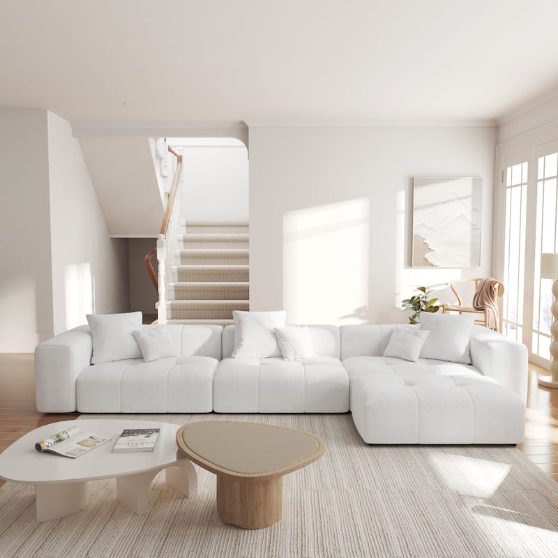 3-Seater Modular Sectional Couch with Ottoman Modern Linen Upholstered Sectional Sofa