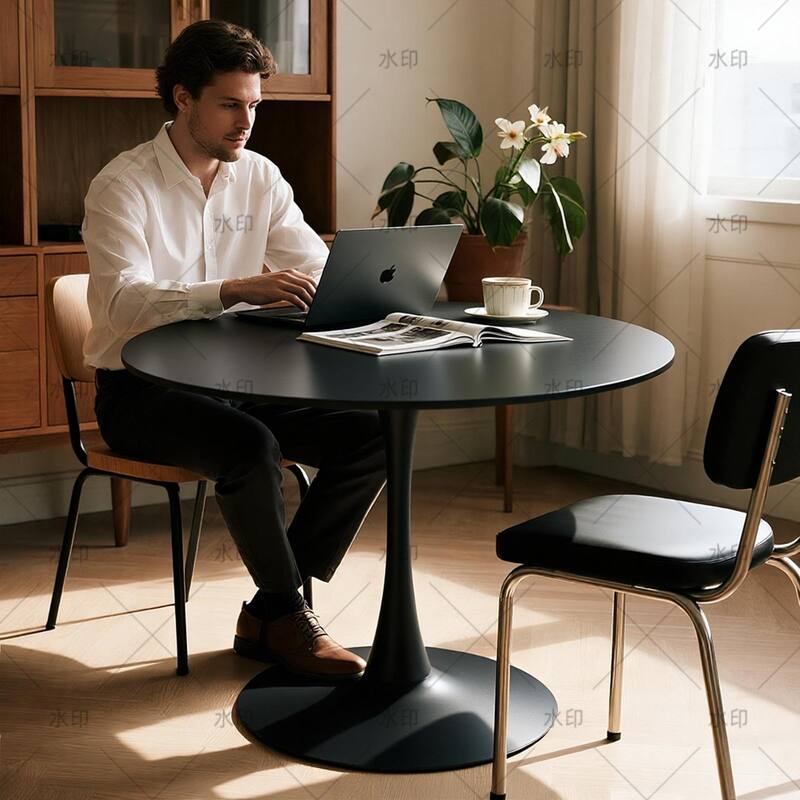 White Round Dining Table, Equipped with an elegant tulip-shaped metal base and a 31.5-inch medium-density fiberboard tabletop - Black