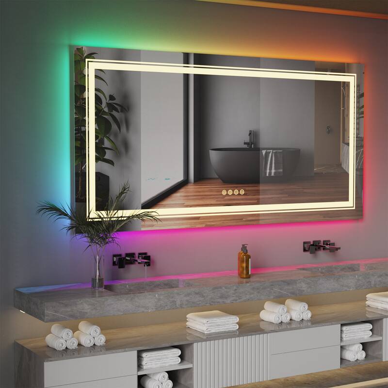 RGB LED Bathroom Mirror Anti Fog Dimmable Dual Lighting Touch Memory