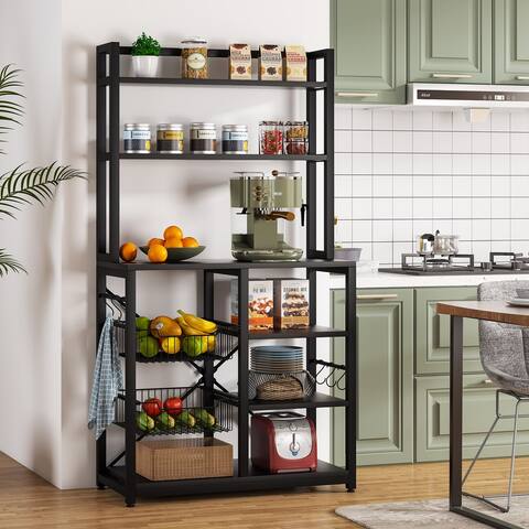 Bakers Rack with 6 Hooks and 2 Wire Baskets, Kitchen Shelf Rack