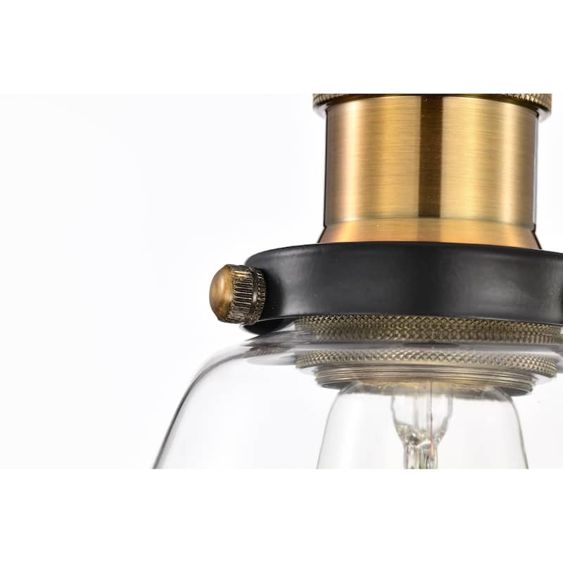 Black and Antique Brass Finish 1-Light Mini Pendant with Clear Bell Glass Shade