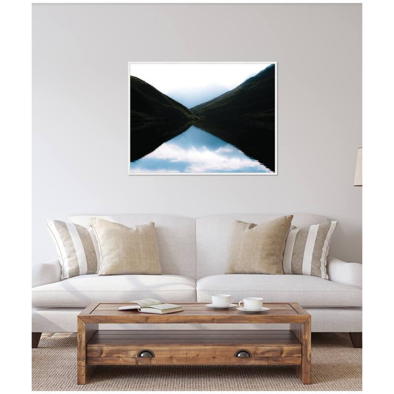 Kate and Laurel Sylvie Minimalist Mountain Lake Reflection at Sunrise Framed Canvas by Michael Schauer