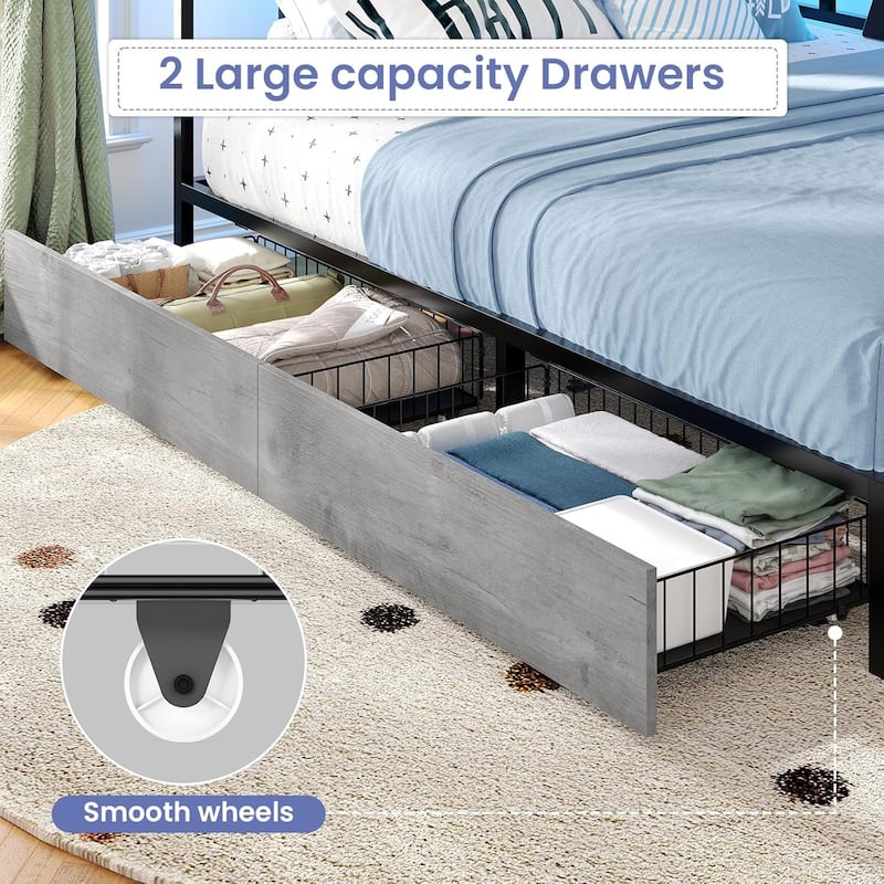 Corner Bed Frame 2 Storage Drawers Daybed Charging Station LED Lights