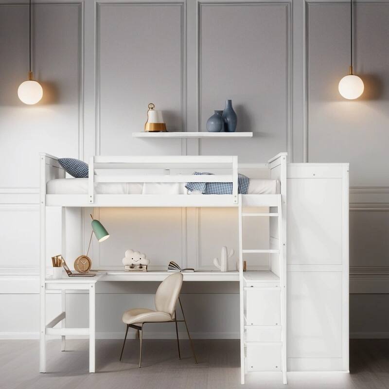 Solid Wood Kids Furniture Full size Loft Bed Kids Bed with Desk Shelves and Wardrobe Maximized