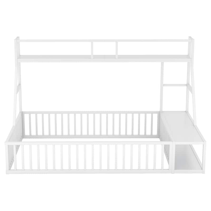 Floor Bed Frame with Safety Fence, Metal Floor Bed with Desk and Storage Shelves