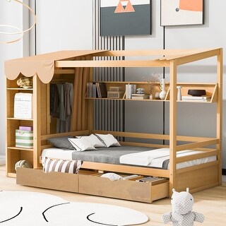 Wooden Twin Size Semi-enclosed House Daybed Frame with Built-in wardrobe(with Curtain), Side Compartments, Drawers and Shelves