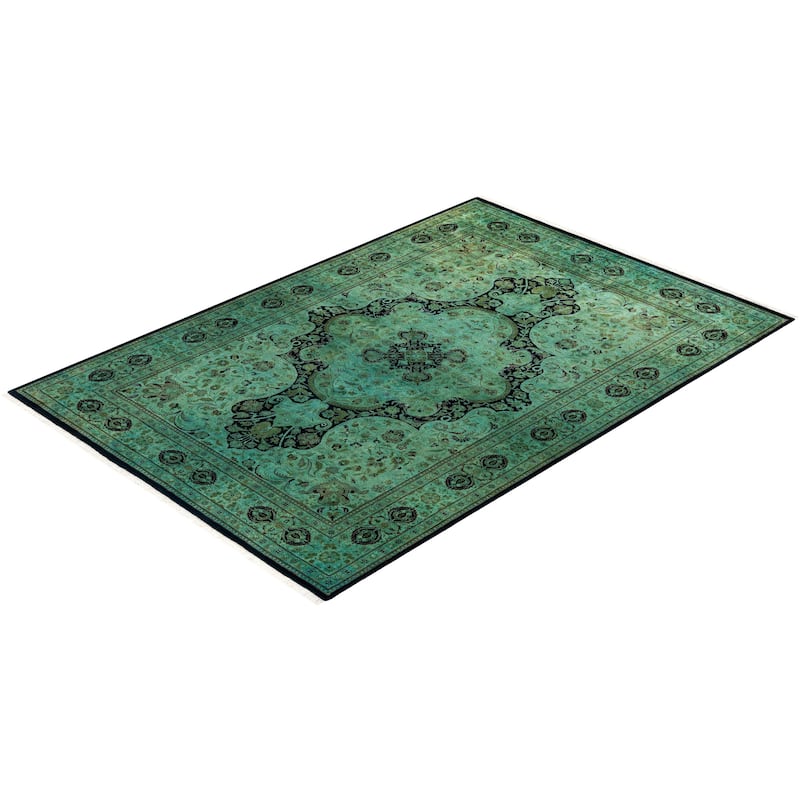 Overton Hand Knotted Wool Vintage Inspired Modern Contemporary Overdyed Green Area Rug - 6' 0" x 8' 9"