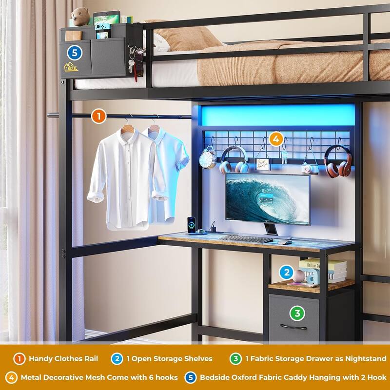Bunk Bed Twin Over Twin Size with Desk Charging Station L-Shaped Metal