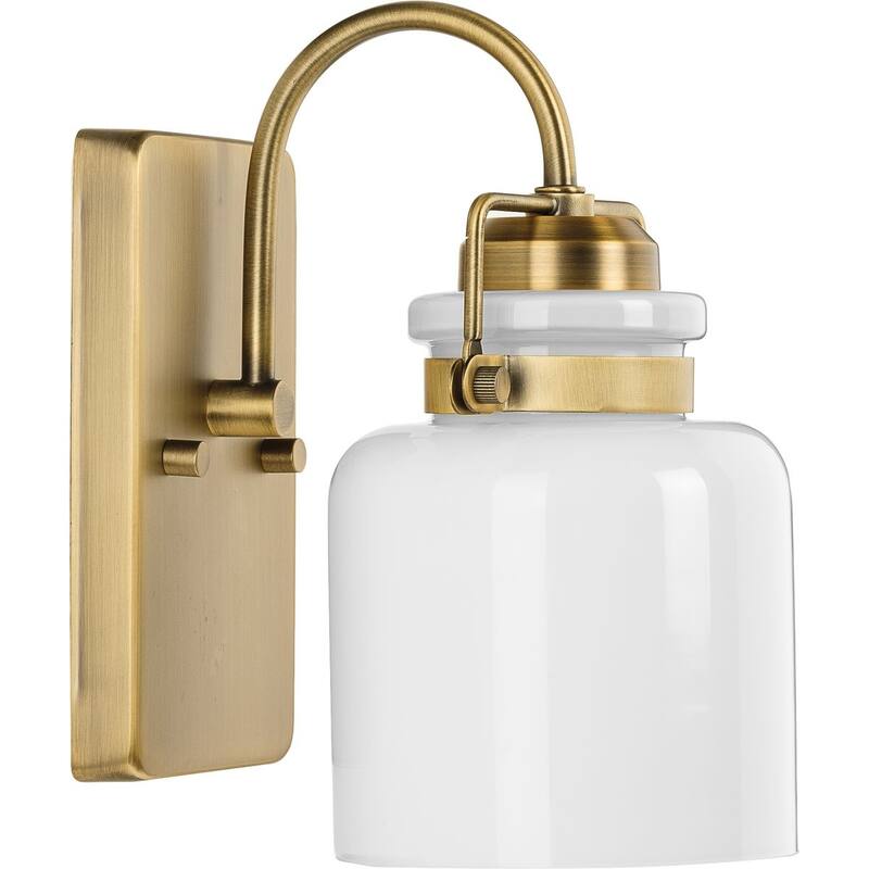 Fessler Collection One-Light Vintage Brass Opal Glass Farmhouse Bath Light - 5 in x 7 in x 9 in