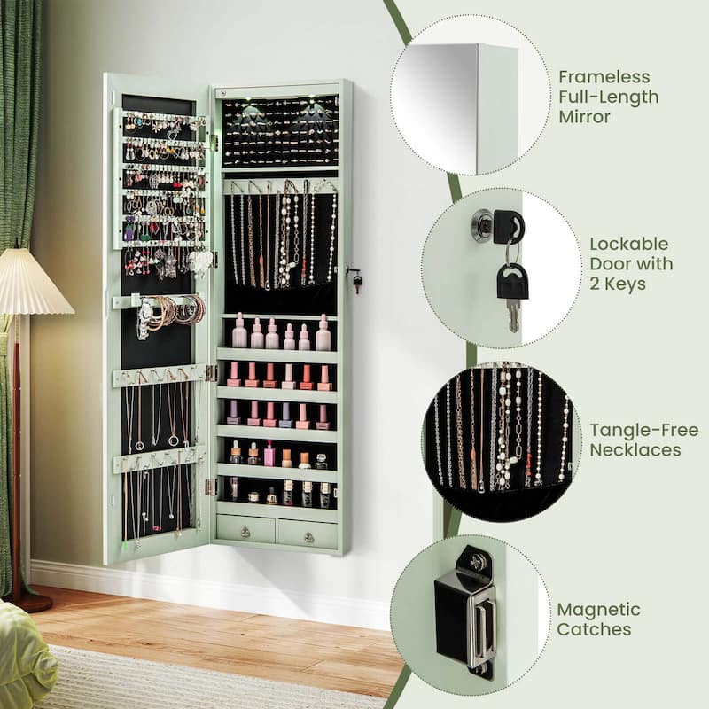 Costway Mirrored Wall & Door Mounted Jewelry Cabinet Storage Organizer - See Details