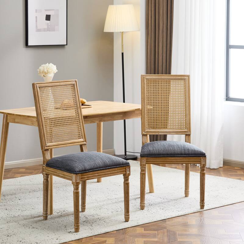 [Set of 2] French Country Dining Chairs - Elegant Cane Backrest & Upholstered Seats with Fluted Legs - Rustic Weathered Finish