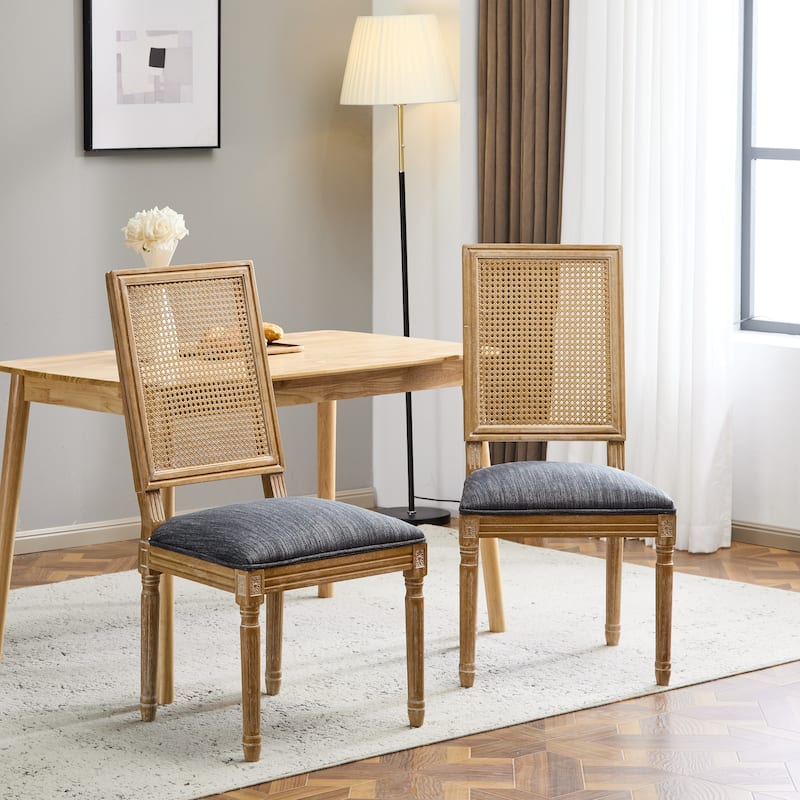 [Set of 2] French Country Dining Chairs - Elegant Cane Backrest & Upholstered Seats with Fluted Legs- Solid Rubberwood Frame