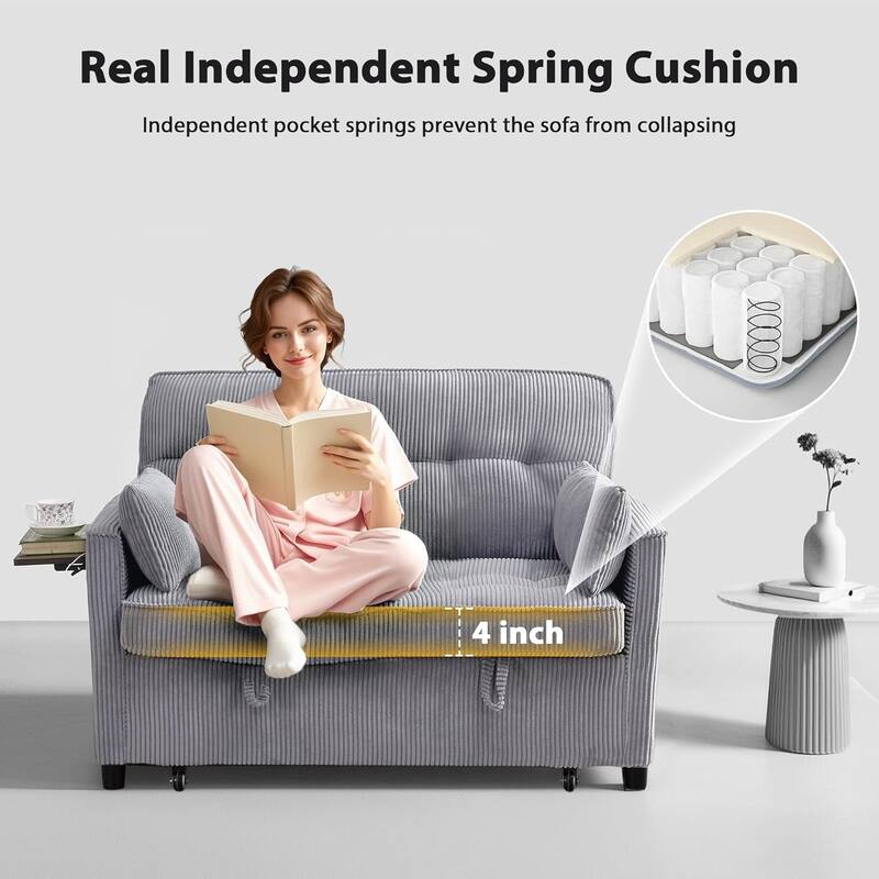 Sleeper Sofa Bed, 52" Convertible Pull Out Couch with Small Table,USB Port,Side Pockets,Corduroy Fabric,Adjustable Backrest