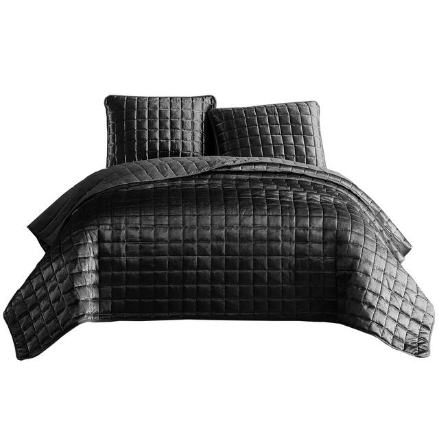 3 Piece Queen Size Coverlet Set with Stitched Square Pattern, Dark Gray
