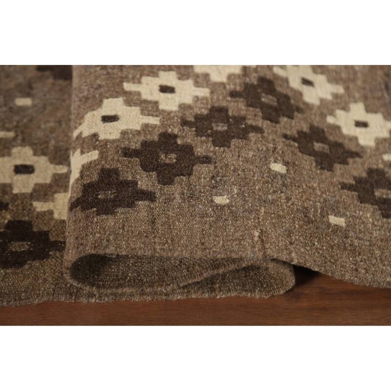 Brown Geometric Kilim Oriental Area Rug Flatweave Wool Carpet - 3'5"x 4'11"