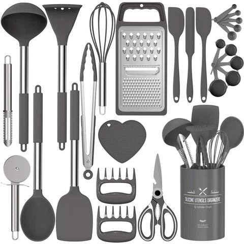 27 Pcs Silicone Kitchen Cooking Utensil Set with Stainless Steel Handle, Grey - 14.8 x 6.2 x 6. inches