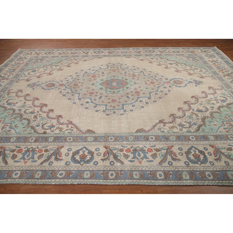 Hand Knotted Oriental 100% Wool Carpet Traditional Medallion Beige & Ivories Tabriz Area Rug - 12' 10'' X 9' 6''