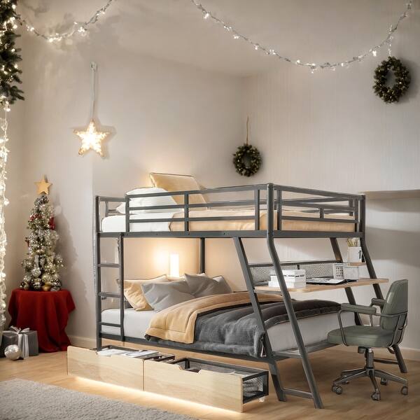slide 2 of 12, Full Size Metal Bunk Bed with Built-in Desk, Light and 2 Drawers Black