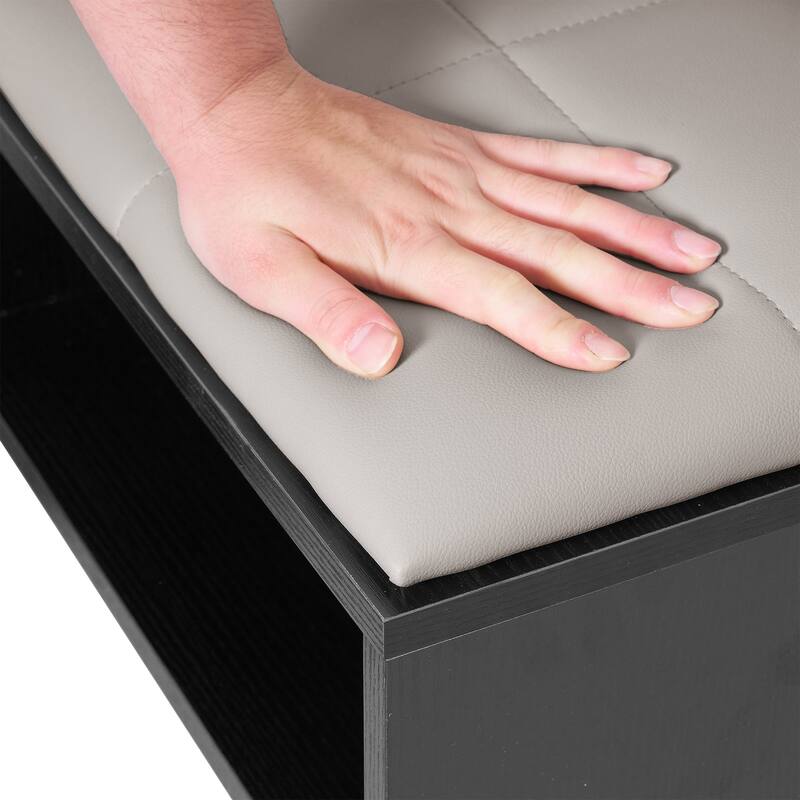 Javlergo L-Shaped Entryway Bench with Shoe Storage PU Cushion & Magnetic Shutter Door Hall Bench with Gold Legs for Living Room