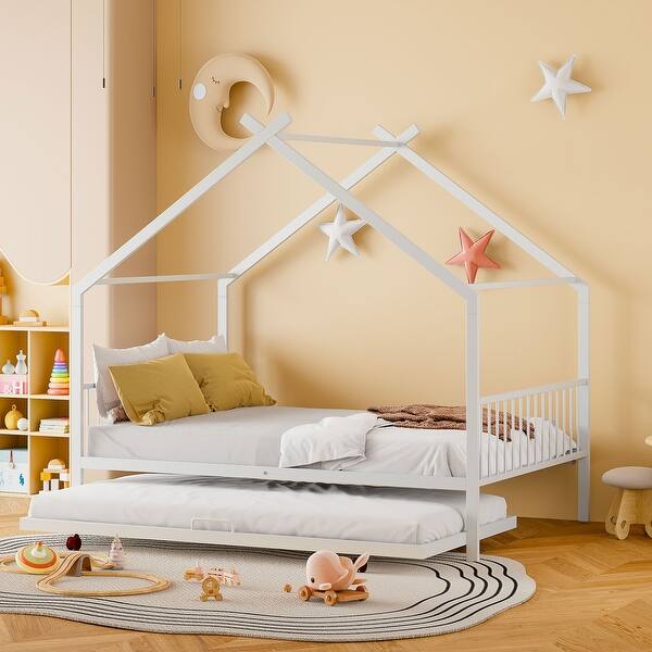 slide 2 of 9, Full Size Metal House Bed with Twin Size Trundle and Sturdy and Durable,Easy Assembly White