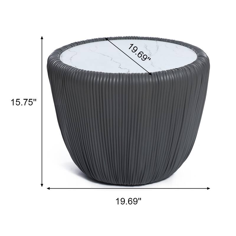 15.8" H Pleated Leather And Marble Tabletop Drum Round Side Table