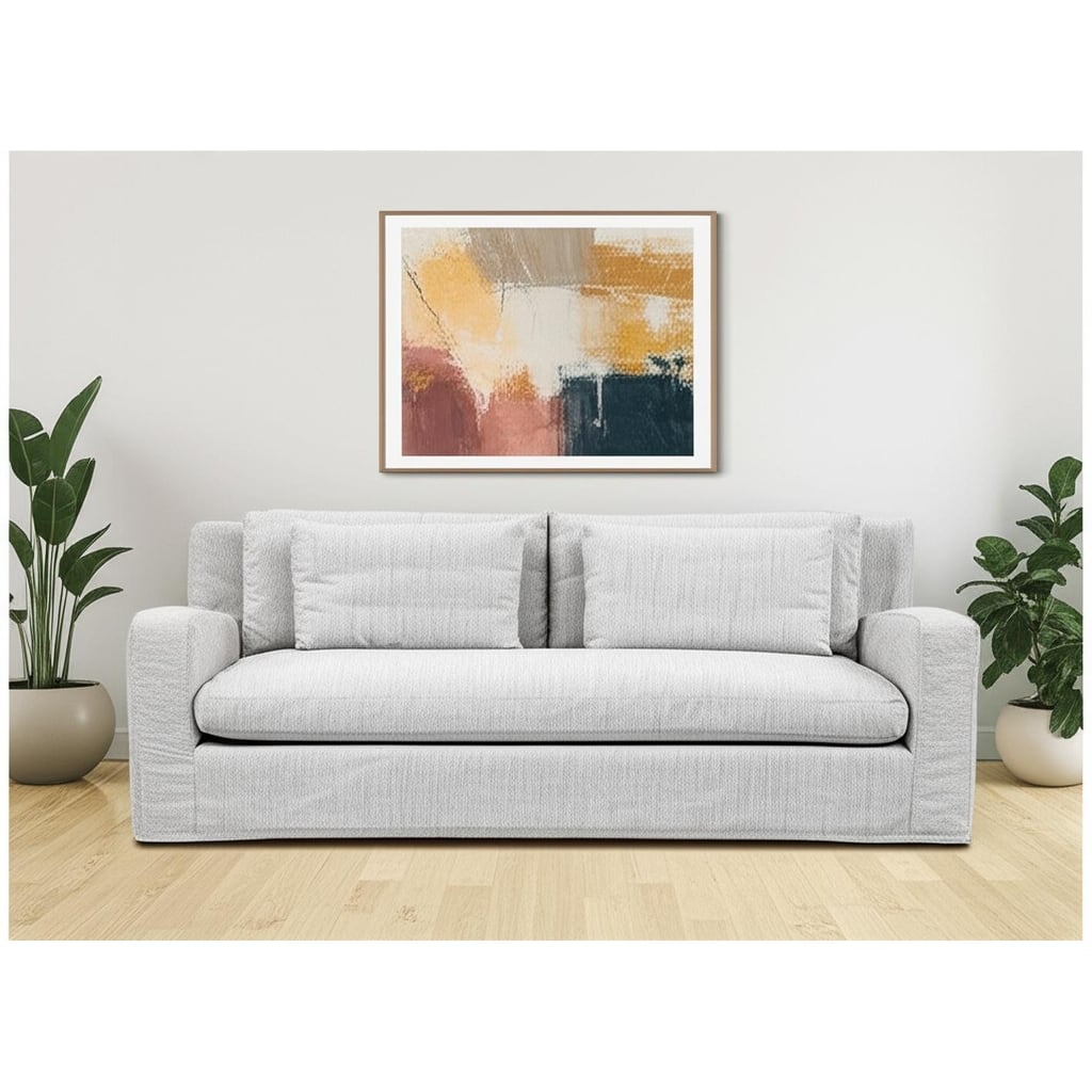 HomeRoots 93" Light Gray Slipcovered Fabric Sofa With Toss Pillows