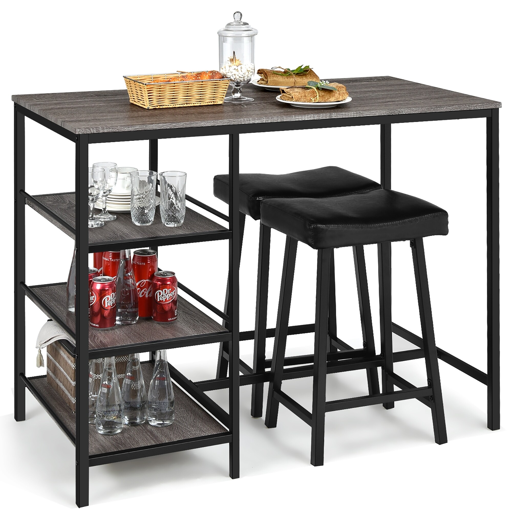 Costway 3 Piece Counter Height Dining Bar Table Set w 2 Stools 3
