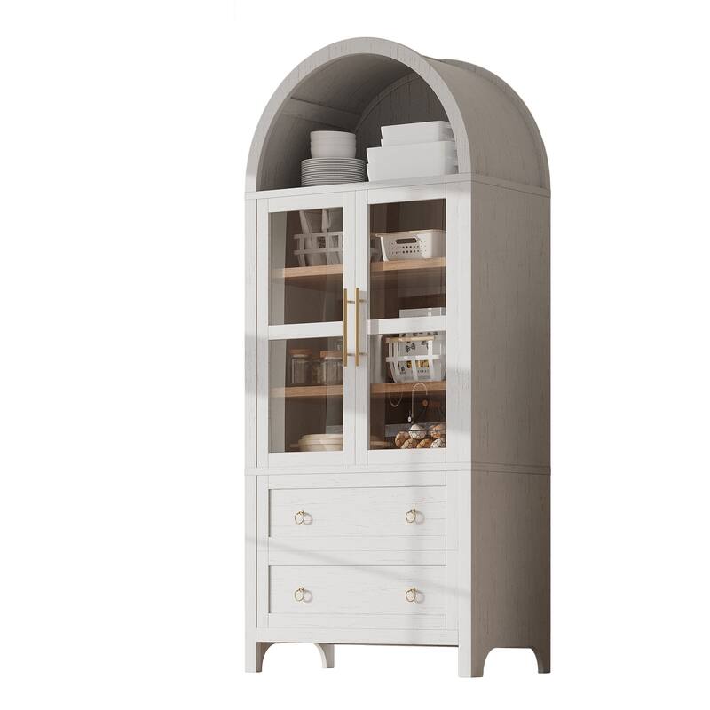 Arched Pantry Cabinet with 2 Drawers, Multifunctional Wooden Sideboard, Storage Cabinet with Adjustable Shelves & Glass Door