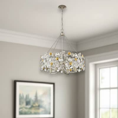 HomeRoots Silver Shaded Four Light Metal and Crystals Dimmable Chandelier With Silver Shades - 27.25' X '28.5' X '27.25