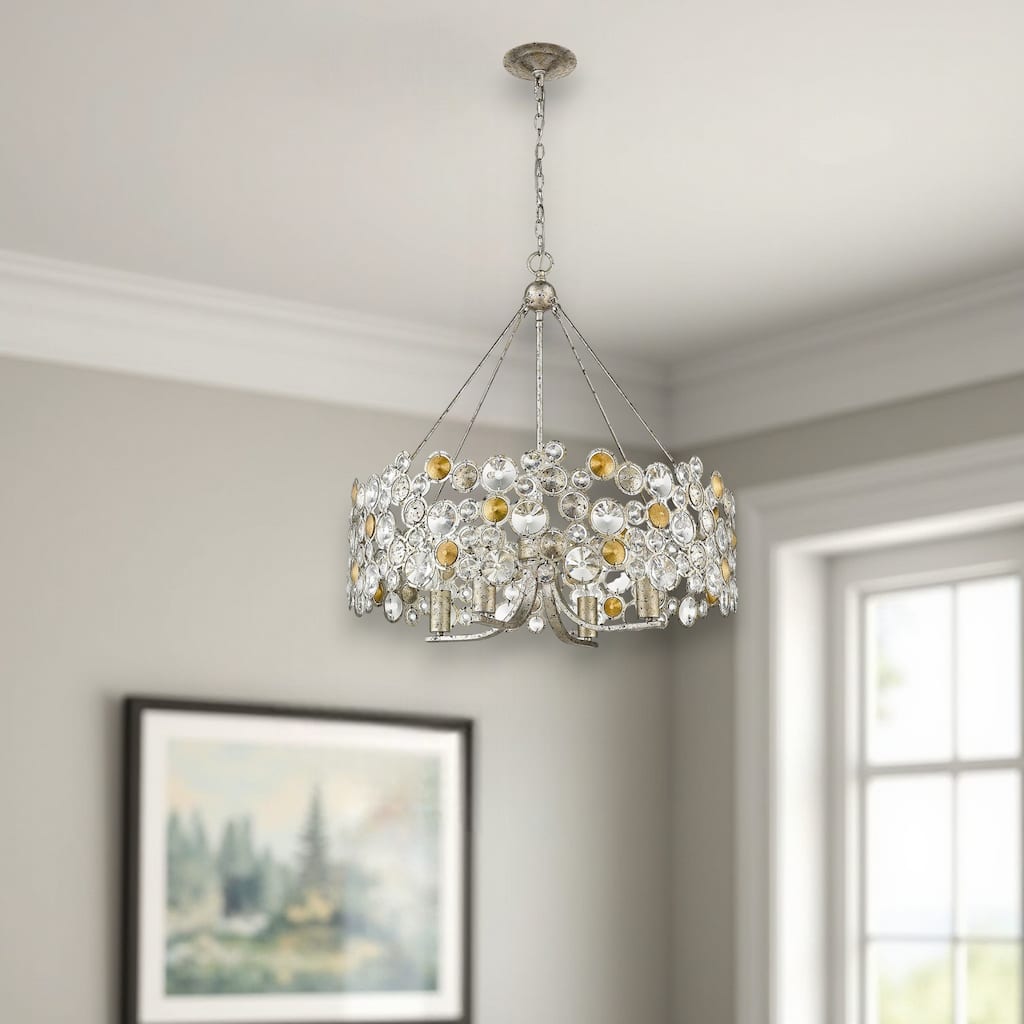 HomeRoots Silver Shaded Four Light Metal and Crystals Dimmable Chandelier With Silver Shades - 27.25' X '28.5' X '27.25