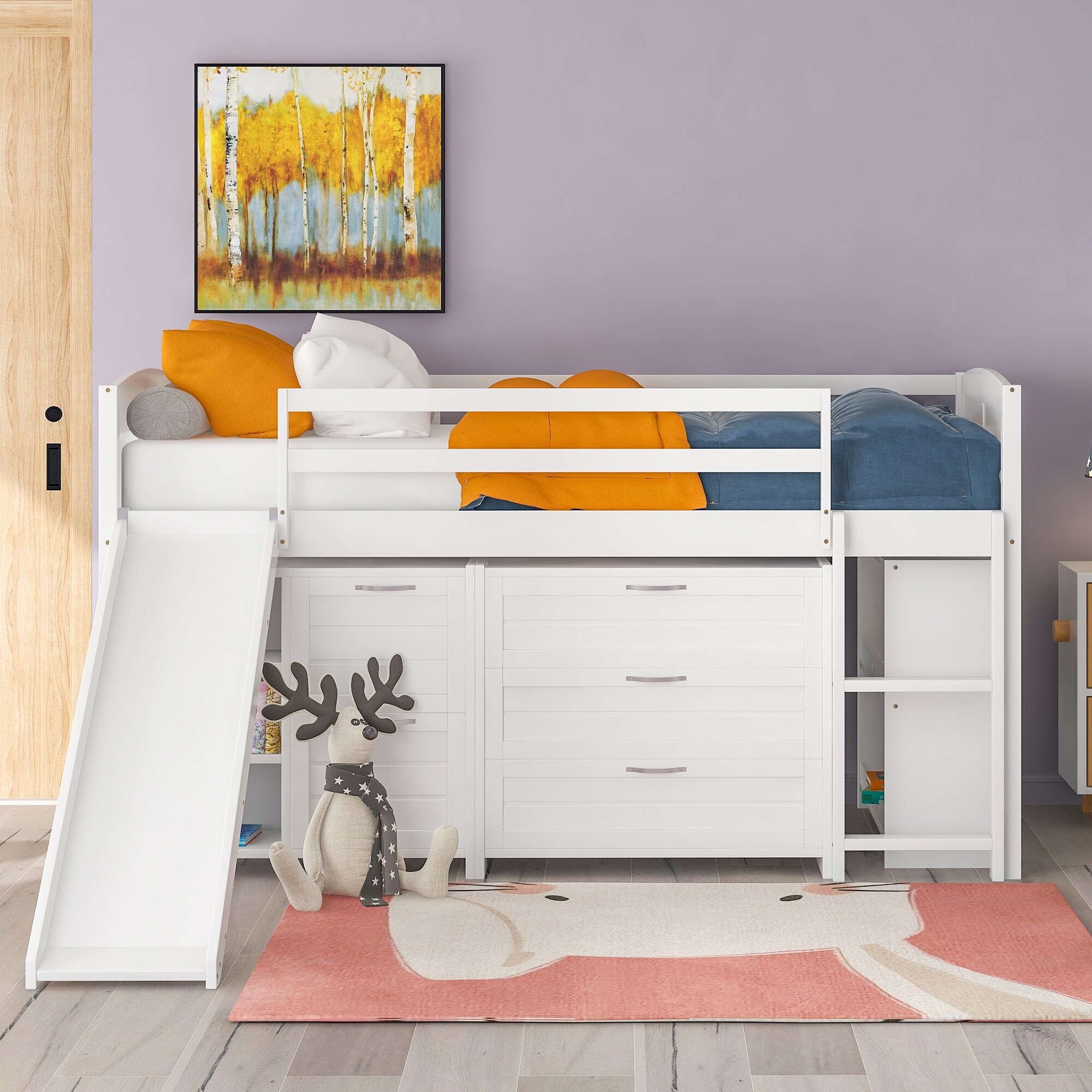 Low Twin Size Wood Loft Bed with Cabinets Shelves and Slide