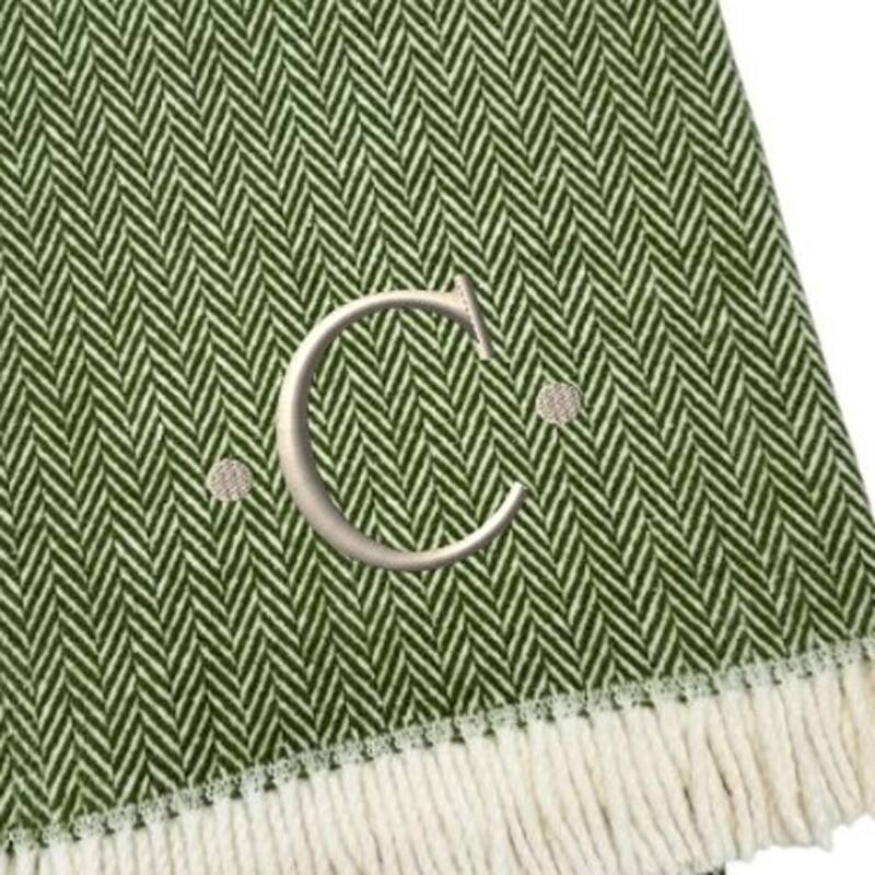 HomeRoots 55" X 70" Moss Green And White Herringbone Cotton Blend C Initial Throw Blanket with Tassels And Embroidery