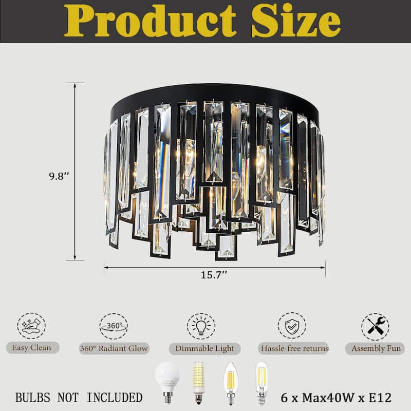 6 Lights Flush Mount Chandelier 16" Matte Black Modern Dimmable Round Ceiling Lamp With Crystal Accents - W16''