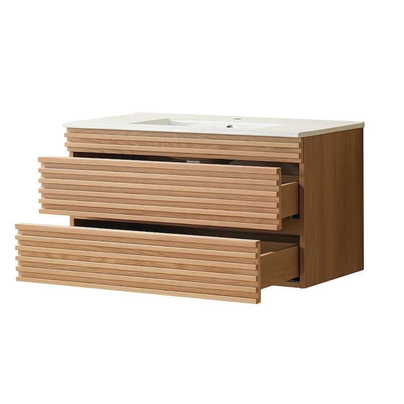 GDFStudio - Modern 36" Wall-Mounted Floating Bathroom Vanity with Integrated Ceramic Basin & Soft-Close Drawers, Fully Assembled