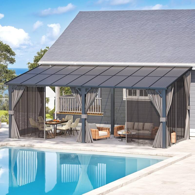 AECOJOY Gazebo for Patio, Small Wall-Mounted Lean to Pergola 8x8 Gazebo with Curtains and Netting, Hard Top Gazebo on Clearance