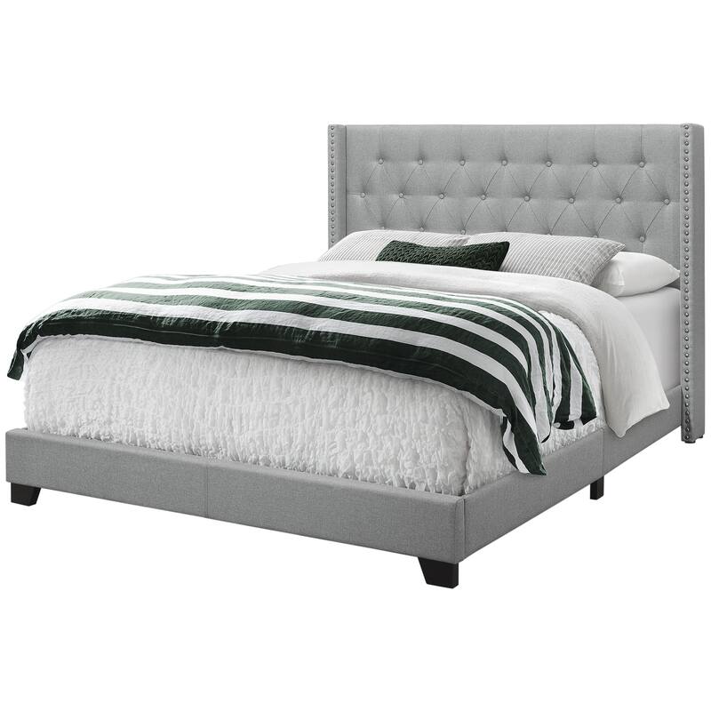 Modern Velvet Bed Frame Queen Size - Upholstered Platform Bed with Wood Legs - Grey Linen Bedroom Furniture