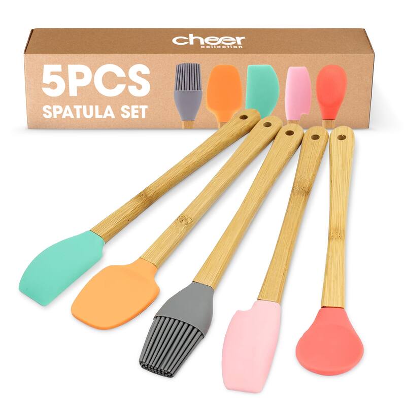 Cheer Collection Mini Silicone Baking Spatula Set for Kids with Bamboo Handles 5 Piece Utensil Set - Set of 5