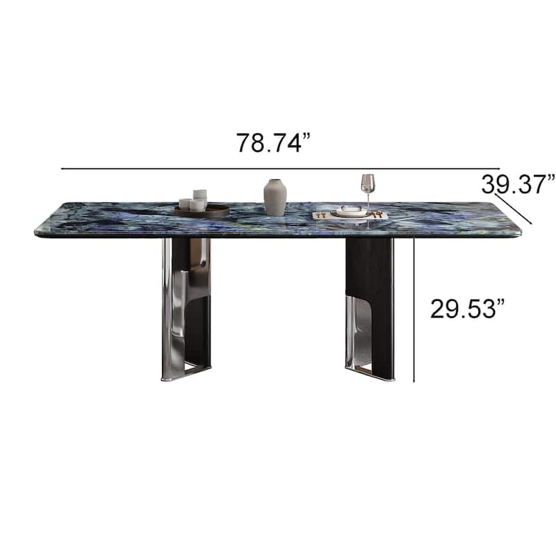 78.74"Modern Dining Table for 6-8,Glossy Sintered Stone Top, Blue - 78.74"